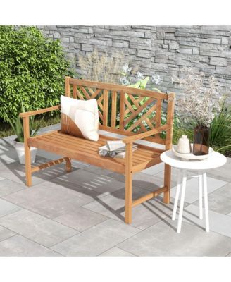 Patio Acacia Wood 2-Person Slatted Bench Outdoor Loveseat Chair Garden