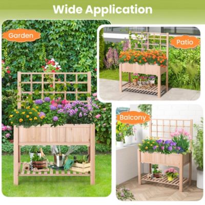 Raised Garden Bed Elevated Wooden Planter Box with Trellis & Open Storage Shelf
