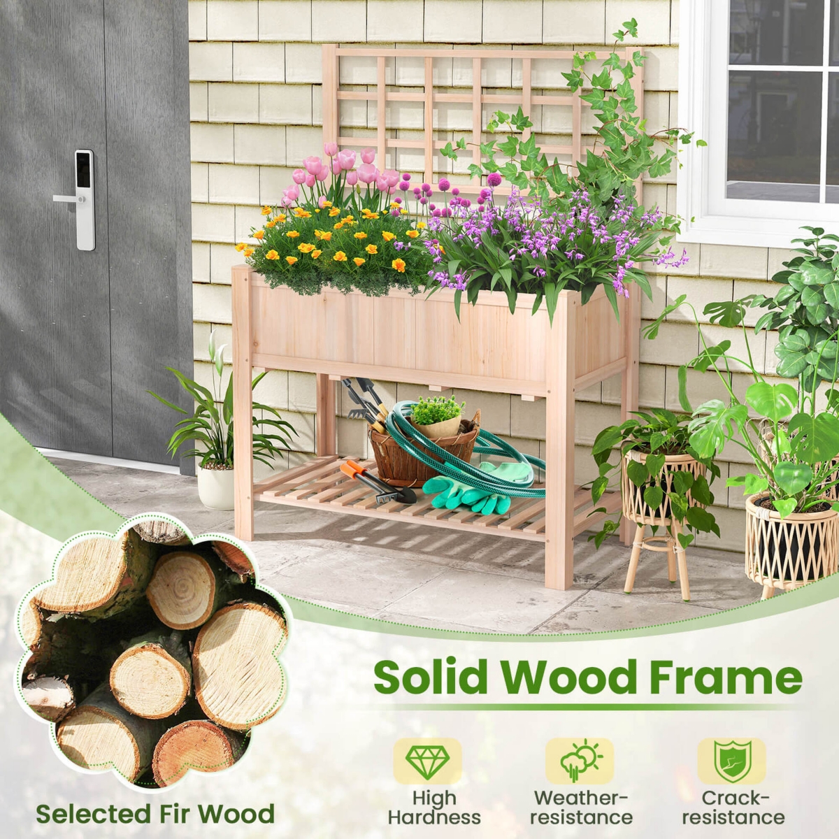 Costway Raised Garden Bed Elevated Wooden Planter Box with Trellis & Open Storage Shelf