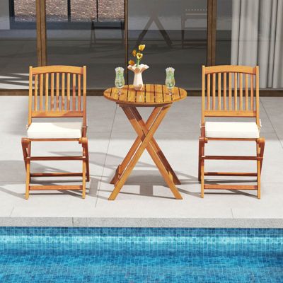 3PCS Patio Folding Wooden Bistro Set Cushioned Chair Conversation Garden