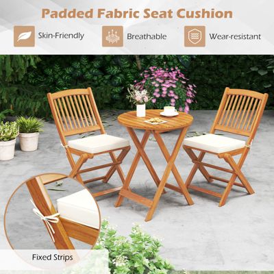 3PCS Patio Folding Wooden Bistro Set Cushioned Chair Conversation Garden