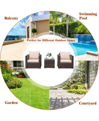 3PCS Patio Rattan Outdoor Furniture Set w/ Cushioned Sofa Coffee Table