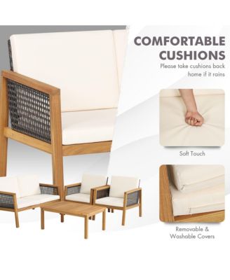 8PCS Patio Acacia Wood Furniture Set PE Rattan Conversation Set w/ Off White Cushions