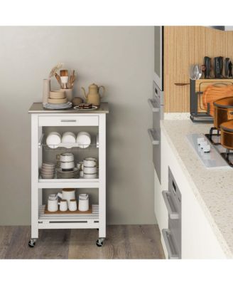 Stainless Steel Top Compact Rolling Kitchen Cart with Basket and Storage