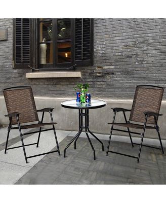3PC Bistro Patio Garden Furniture Set 2 Folding Chairs Glass Table Top Steel