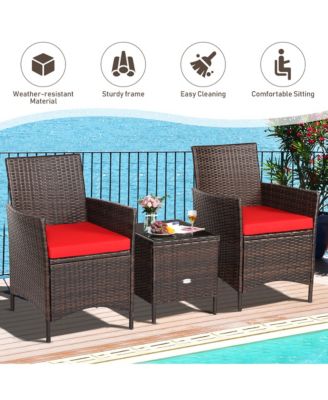 3PCS Patio Rattan Furniture Set Cushioned Sofa Glass Tabletop Deck