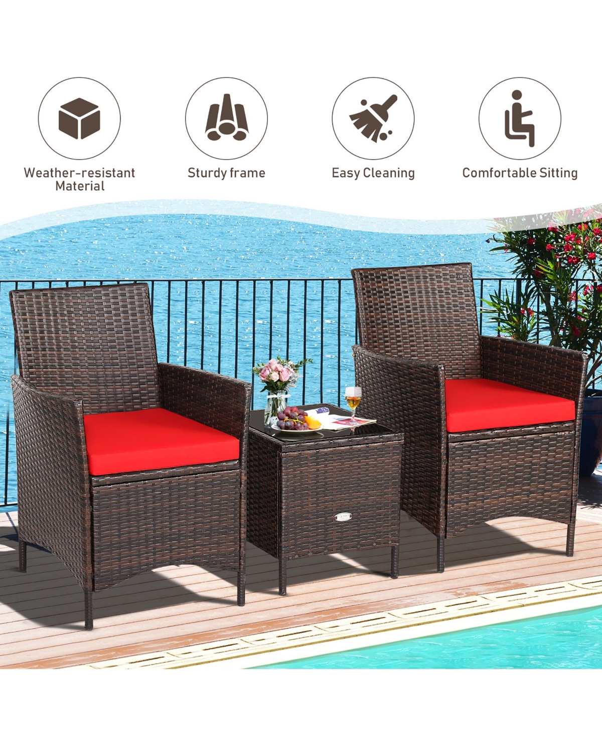 Costway 3PCS Patio Rattan Furniture Set Cushioned Sofa Glass Tabletop Deck