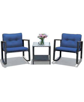 3PC Patio Rattan Conversation Set Rocking Chair Cushioned
