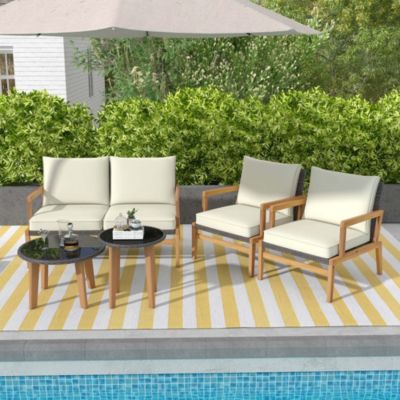 5 Piece Rattan Furniture Set Wicker Woven Sofa Set with Solid Acacia Wood Frame