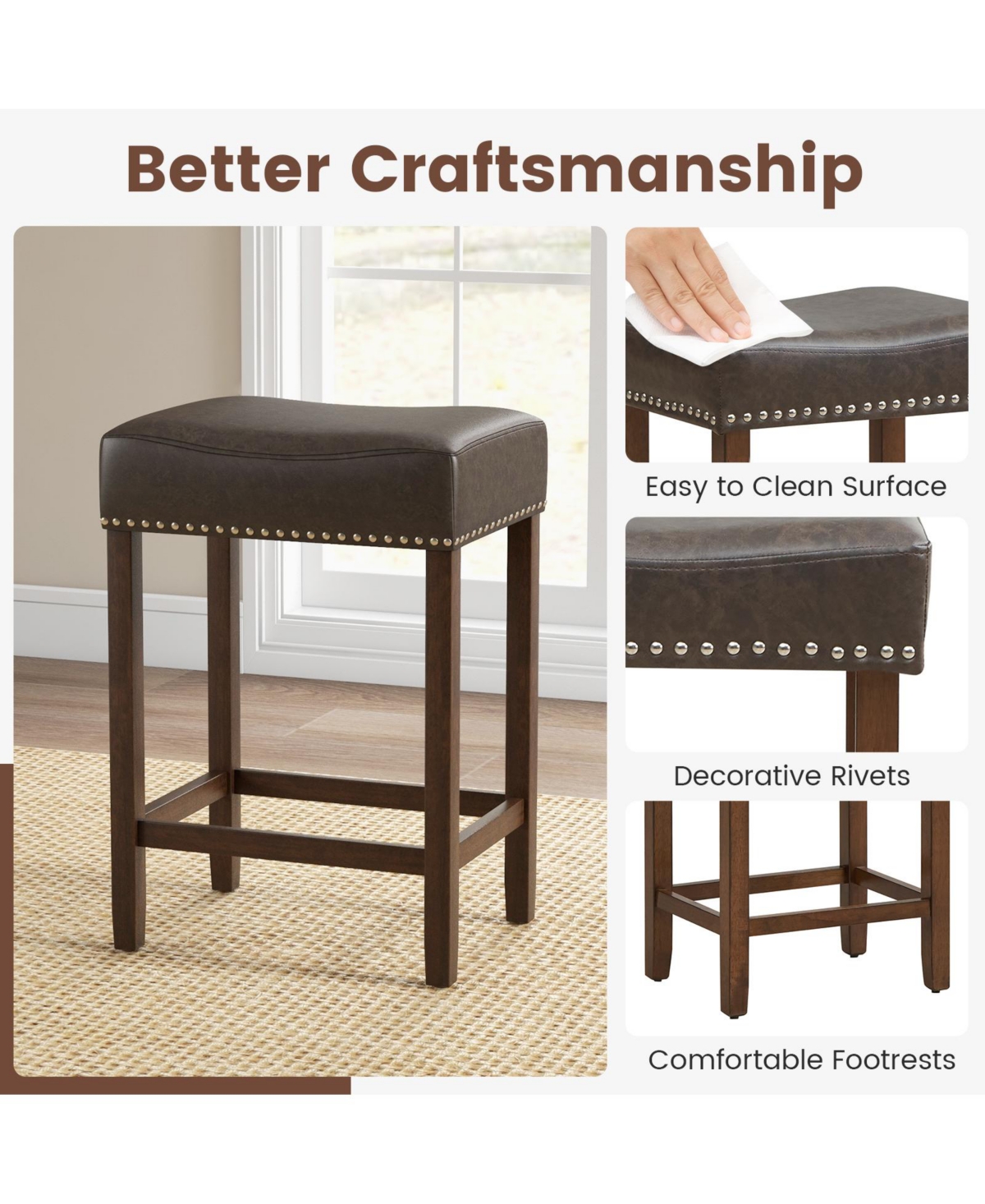 Costway Upholstered Bar Stools Set of 2 with Footrests Rubberwood Frame Saddle-shaped