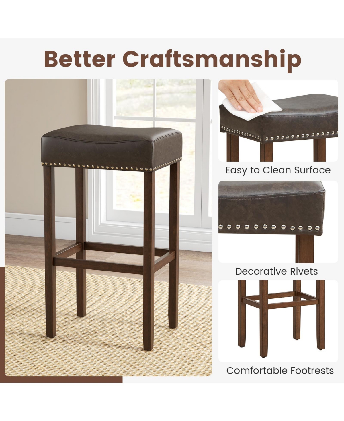 Costway Wood Frame Pu Leather Upholstered Bar Stools Set of 2 with Footrests