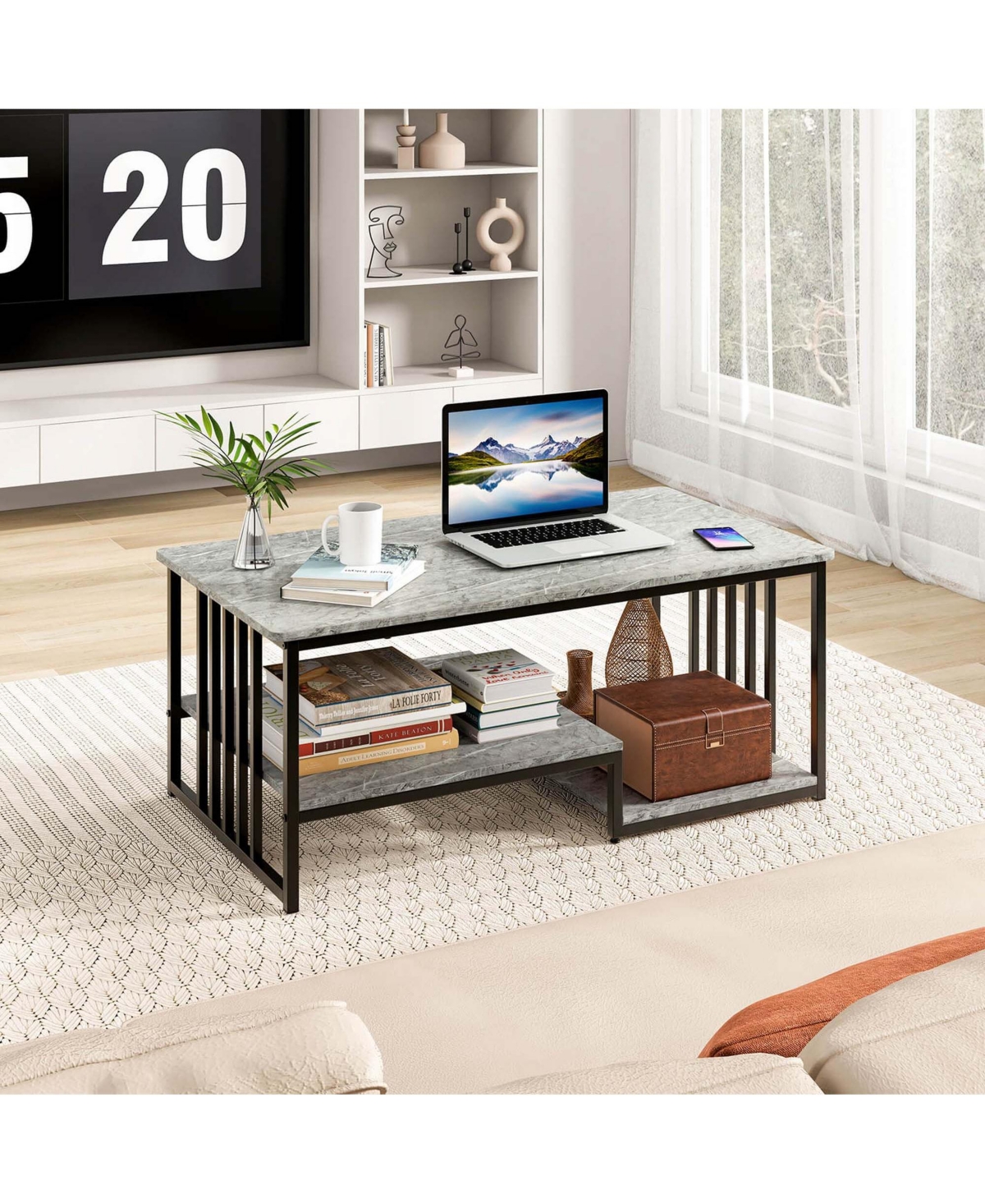 Costway Faux Marble Coffee Table Rectangular 2-Tier Center Table with Open Storage Shelf