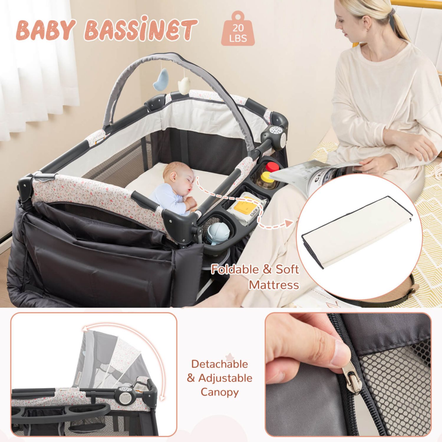 Pack Play Baby Diaper Changing Table 4 in 1 Foldable with Mattress