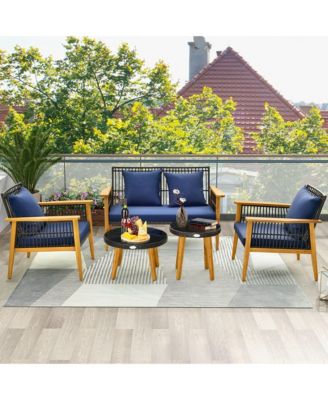 5PCS Outdoor Rattan Woven Conversation Set Stable Acacia Wood Frame for Backyard