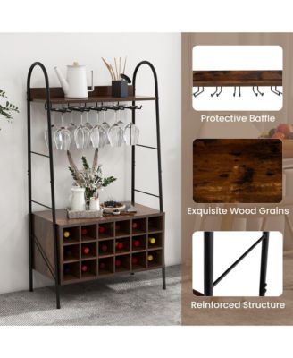 Industrial Rack Freestanding Bottle Holder with Stemware Holder & Open Shelves