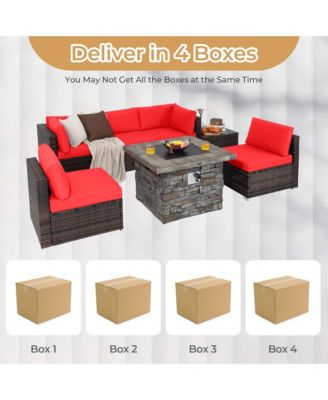 7 PCS Patio Furniture Set with 50,000 BTU Fire Pit Table Wicker Sofa Set with Cushions