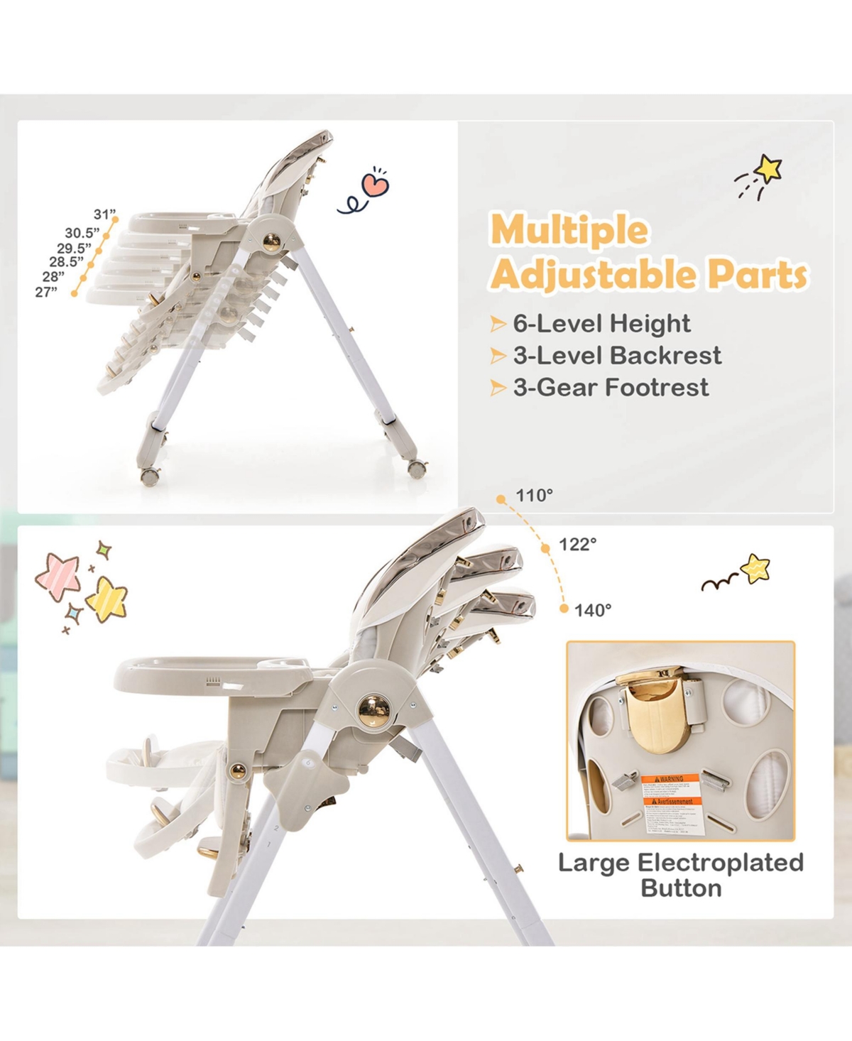 Costway Toddler High Chair with Wheel Folding Dining Chair Adjustable Height & Recline -khaki