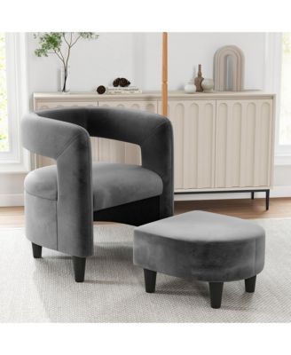 Comfy Accent Armchair with Footrest Upholstered Velvet Barrel Chair & Ottoman Set