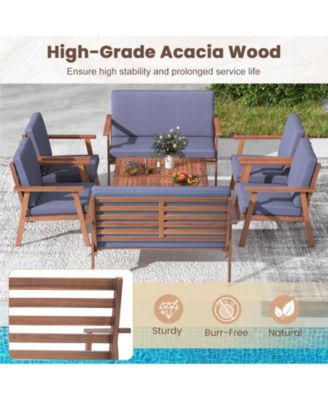 8 PCS Patio Conversation Set Acacia Wood Sofa Coffee Table with Cushioned Seat