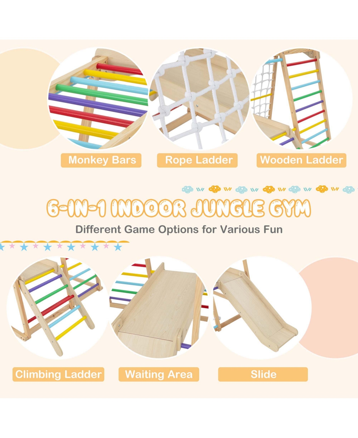 Costway 6-in-1 Indoor Jungle Gym Wooden Playground Climber Playset for Kids 1+ Years