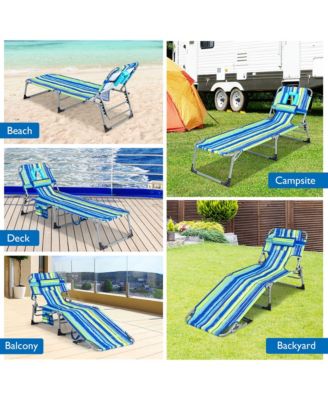 2 PCS Outdoor Beach Lounge Chair Folding Chaise Lounge with Pillow