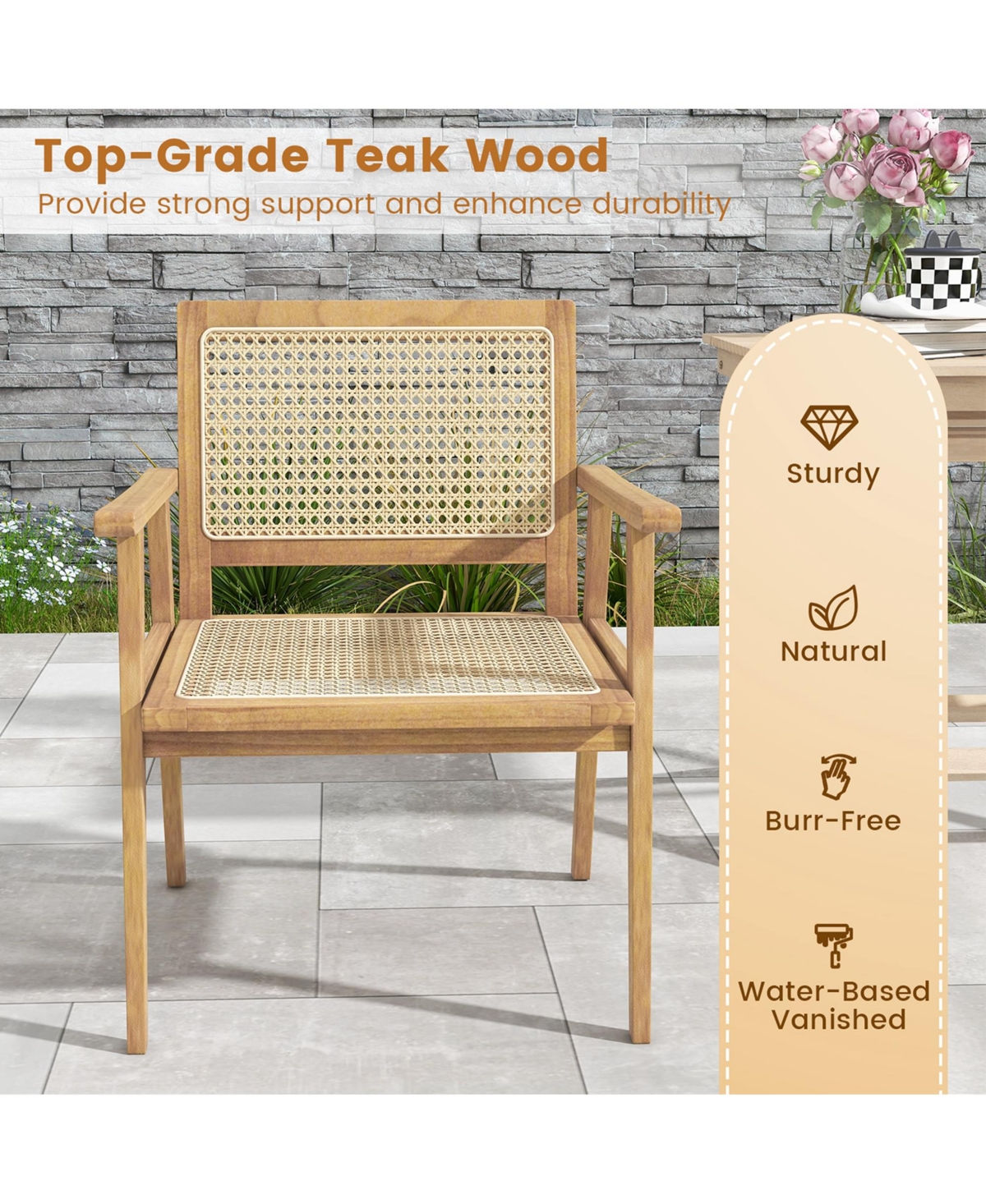 Costway 2 Pcs Outdoor Wood Chair Teak Wood Armchair with Rattan Seat & Back Patio Chair for Porch
