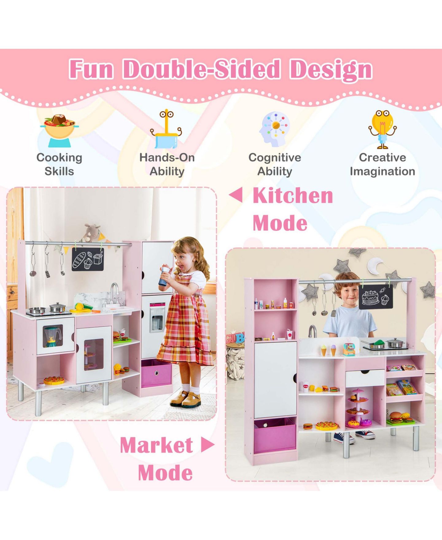 Детская игрушка Costway 2-in-1 Kids Kitchen & Market with Lights and Sounds Play Set, от 3 лет, цвет: Розовый — фото 6