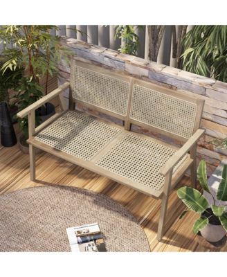 Teak Wood Garden Bench 2-Person Bench with Armrests, Rattan Backrest & Seat