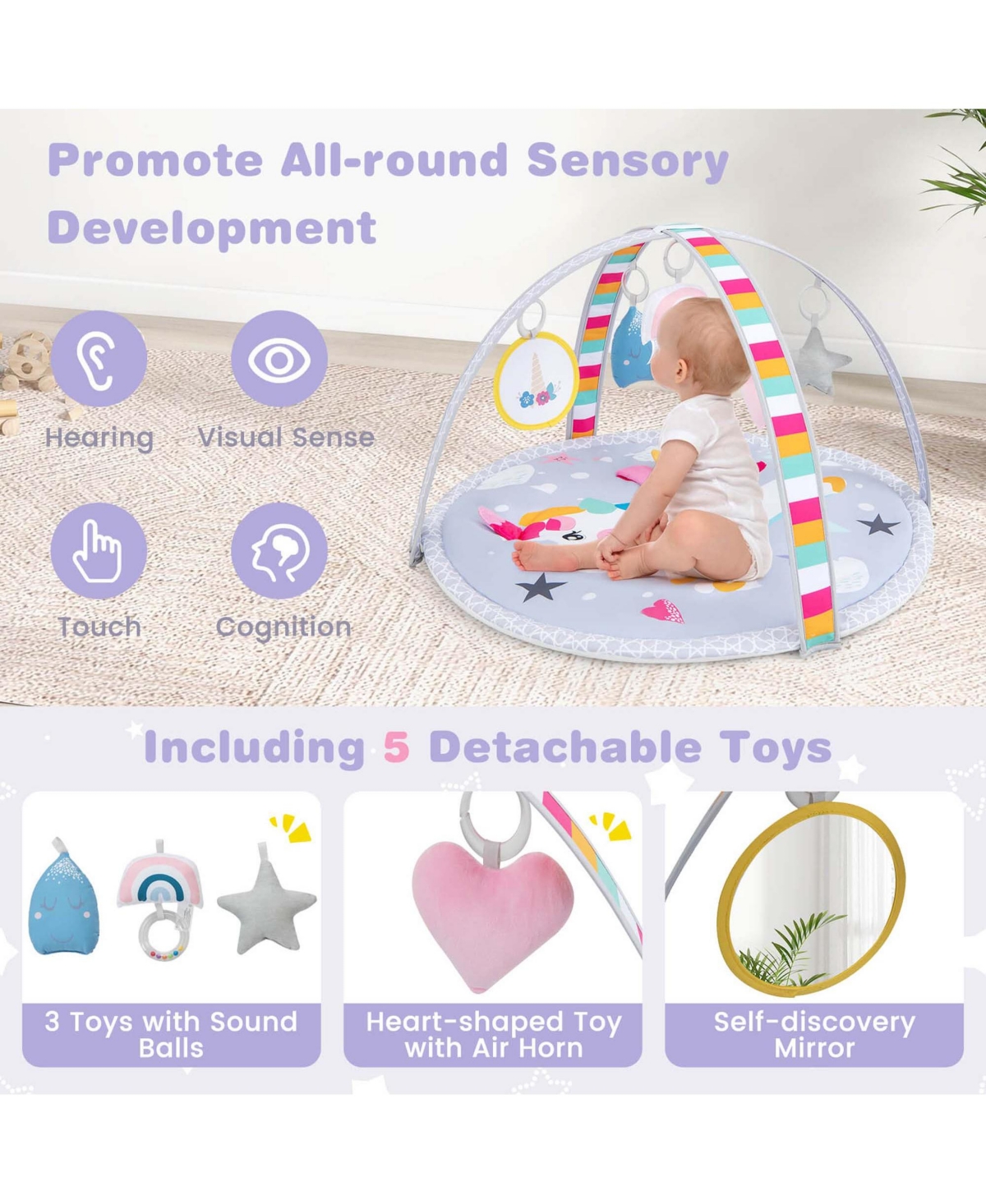 Costway Baby Play Gym Mat Thicker Tummy Time Mat with 5 Detachable Hanging