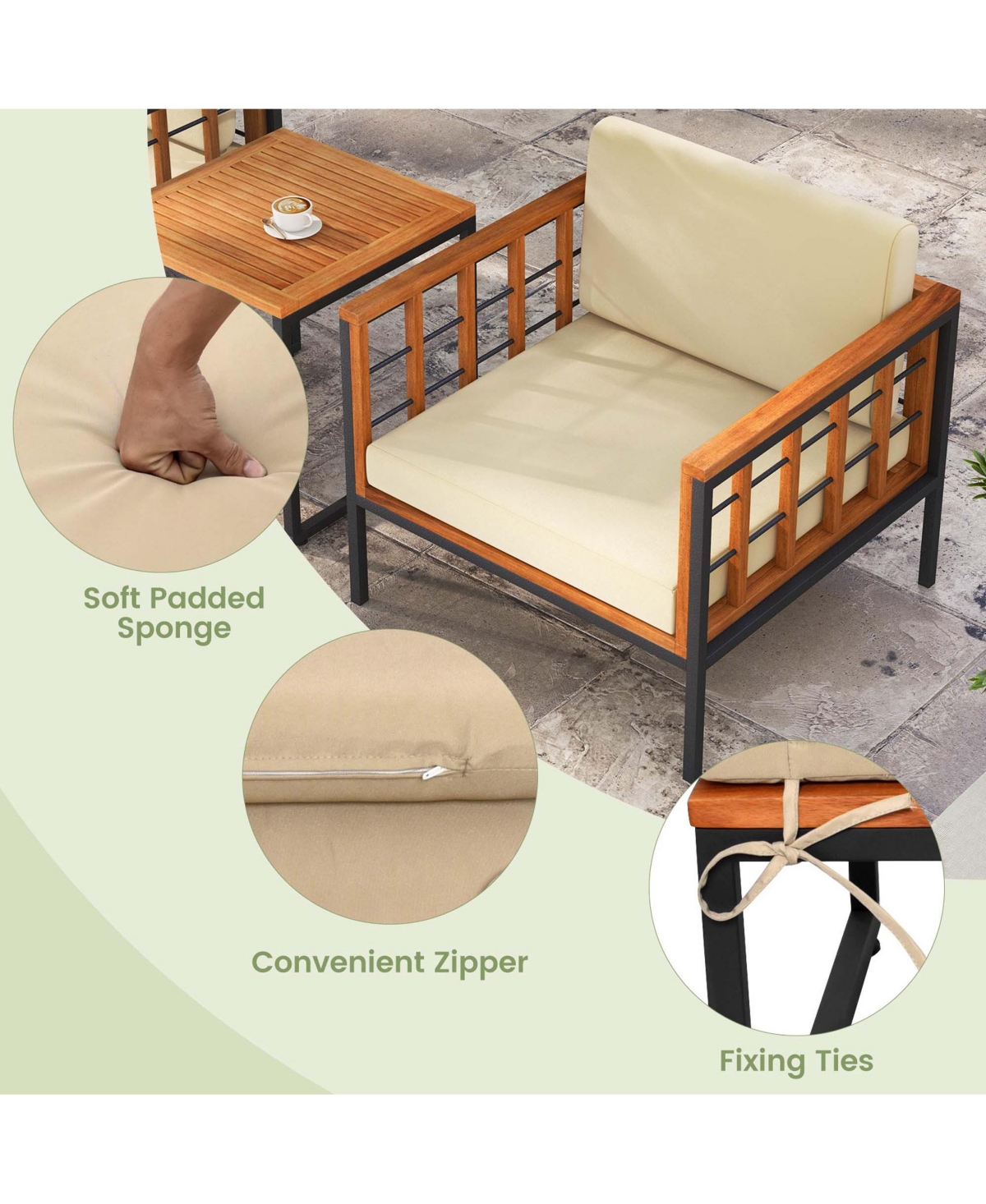 Costway 5 Pcs Acacia Wood Patio Furniture Set with Ottomans Soft Cushions & Coffee Table -khaki