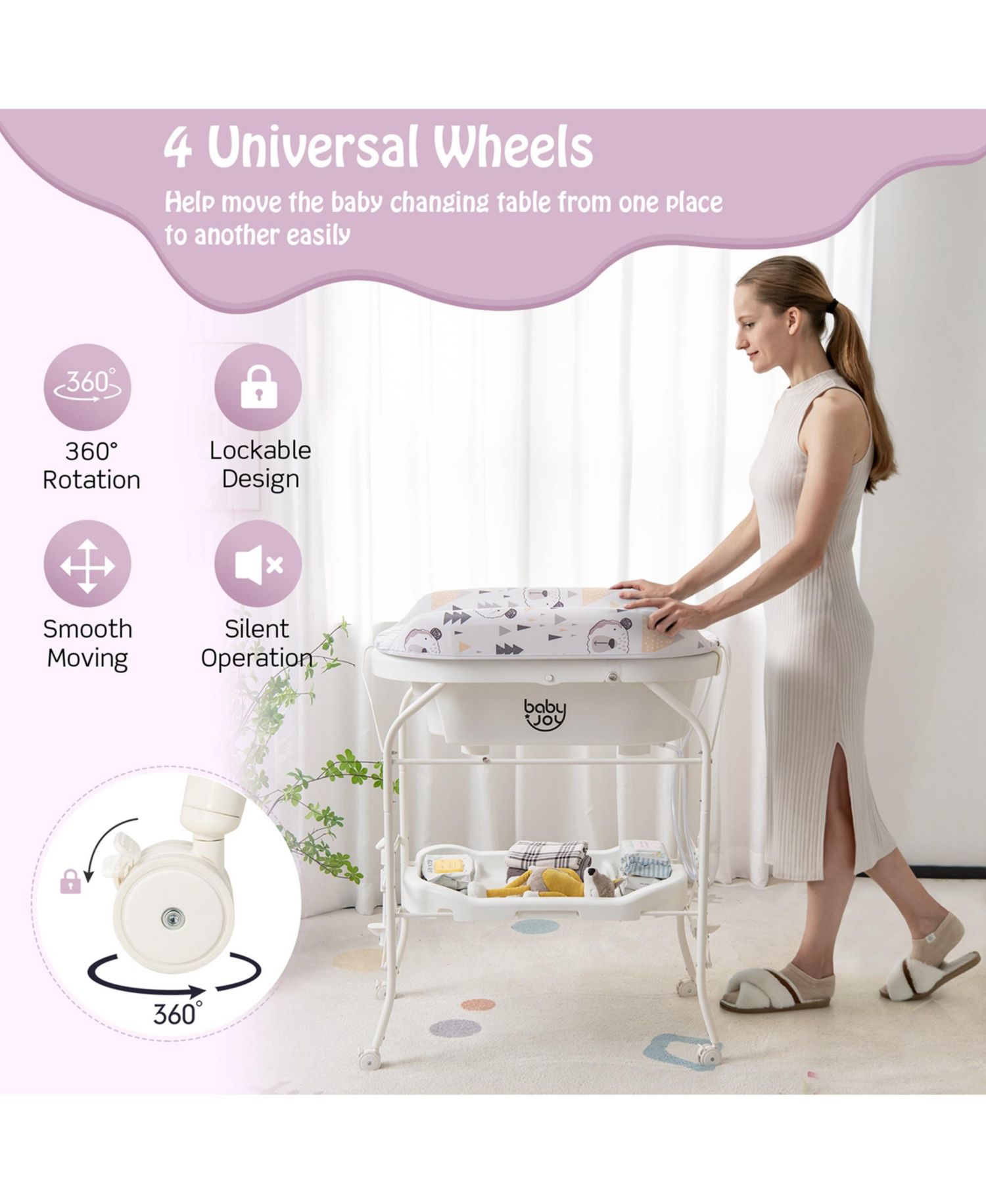 Baby Changing Table with Bathtub, Folding Diaper Station with Wheels