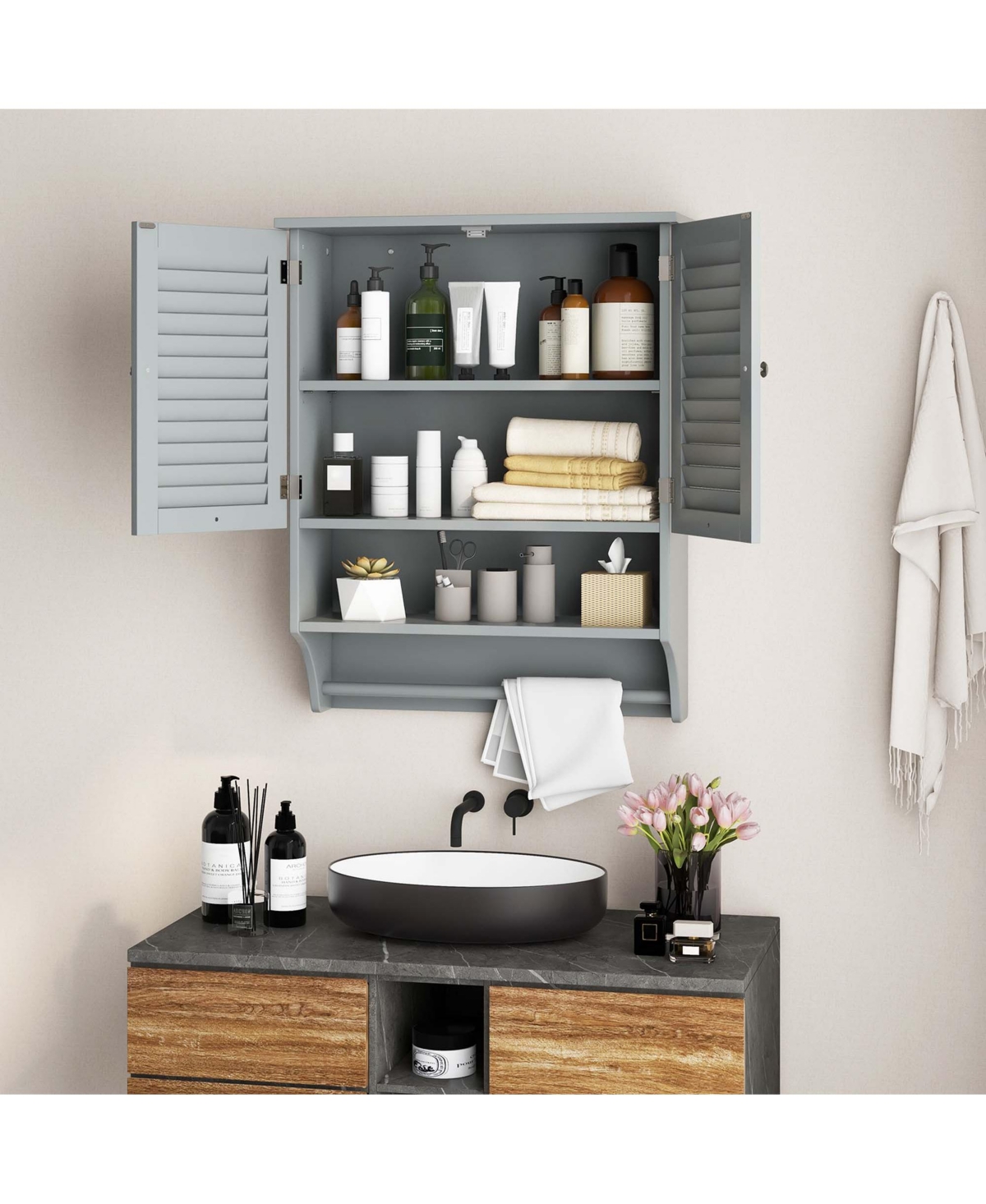 Costway Bathroom Wall Mounted Medicine Cabinet with Louvered Doors & Towel Bar