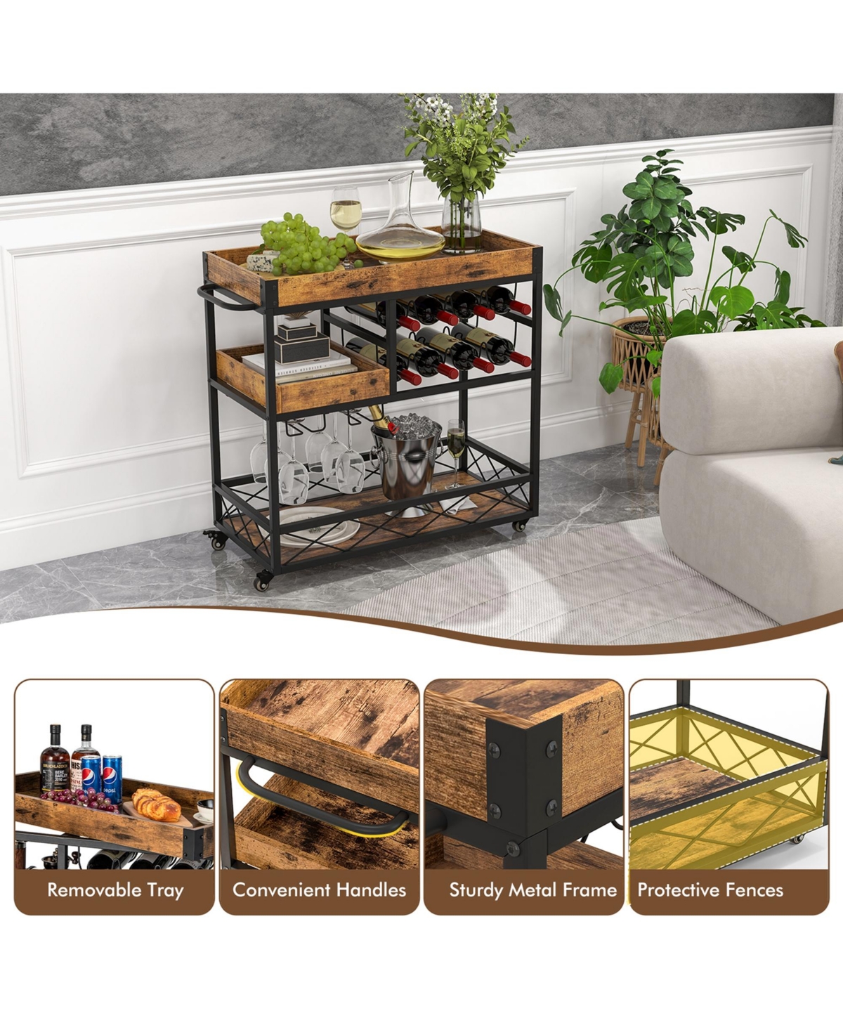Costway 3-Tier Mobile Bar Serving Cart Liquor Storage Trolley with Removable Tray Wine Rack