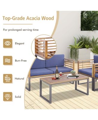 4pcs Patio Acacia Wood Chair Table Loveseat Cushioned Furniture Set Outdoor