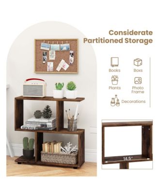 2-Tier Bookshelf Free Standing Wooden Display S-Shaped Shelf Storage Rack