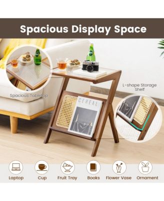 Rattan Side Table Bamboo Accent Bedside Table with Tempered Glass Top