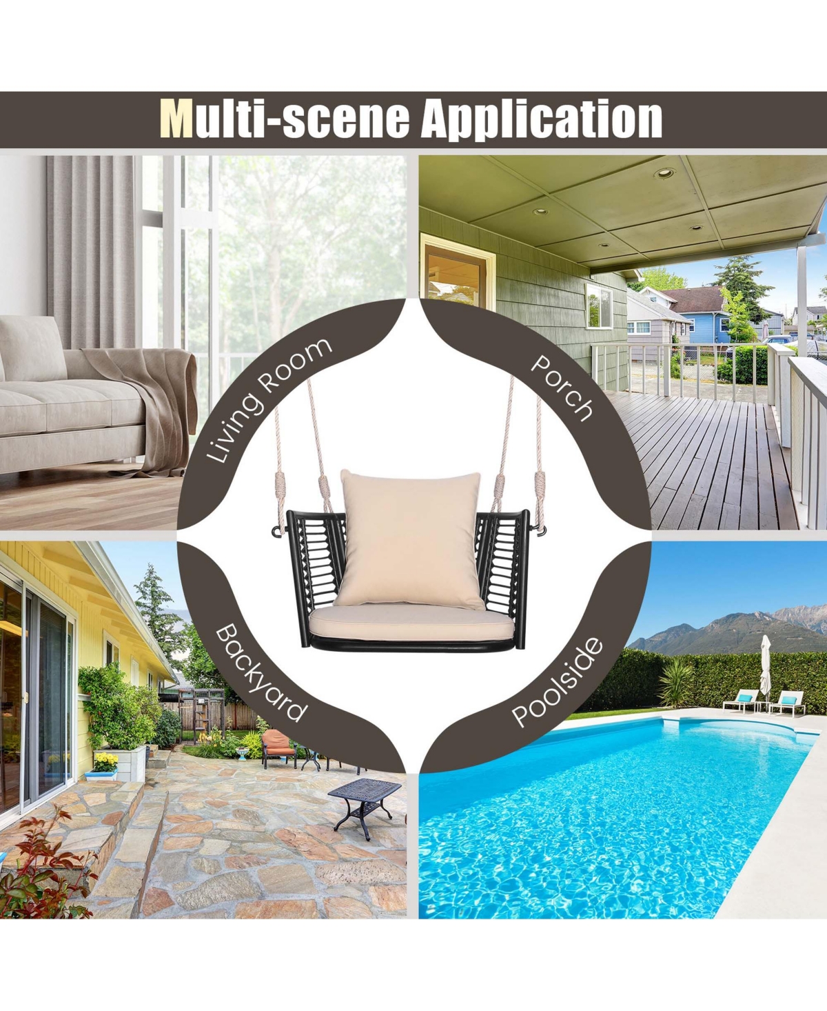 Costway Patio Hanging Rattan Basket Chair Swing Hammock Chair with Seat Cushion -khaki