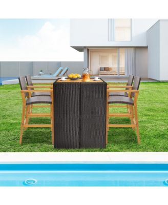 2PCS Patio PE Wicker Bar Chairs Height Barstools with Acacia Wood Armrests