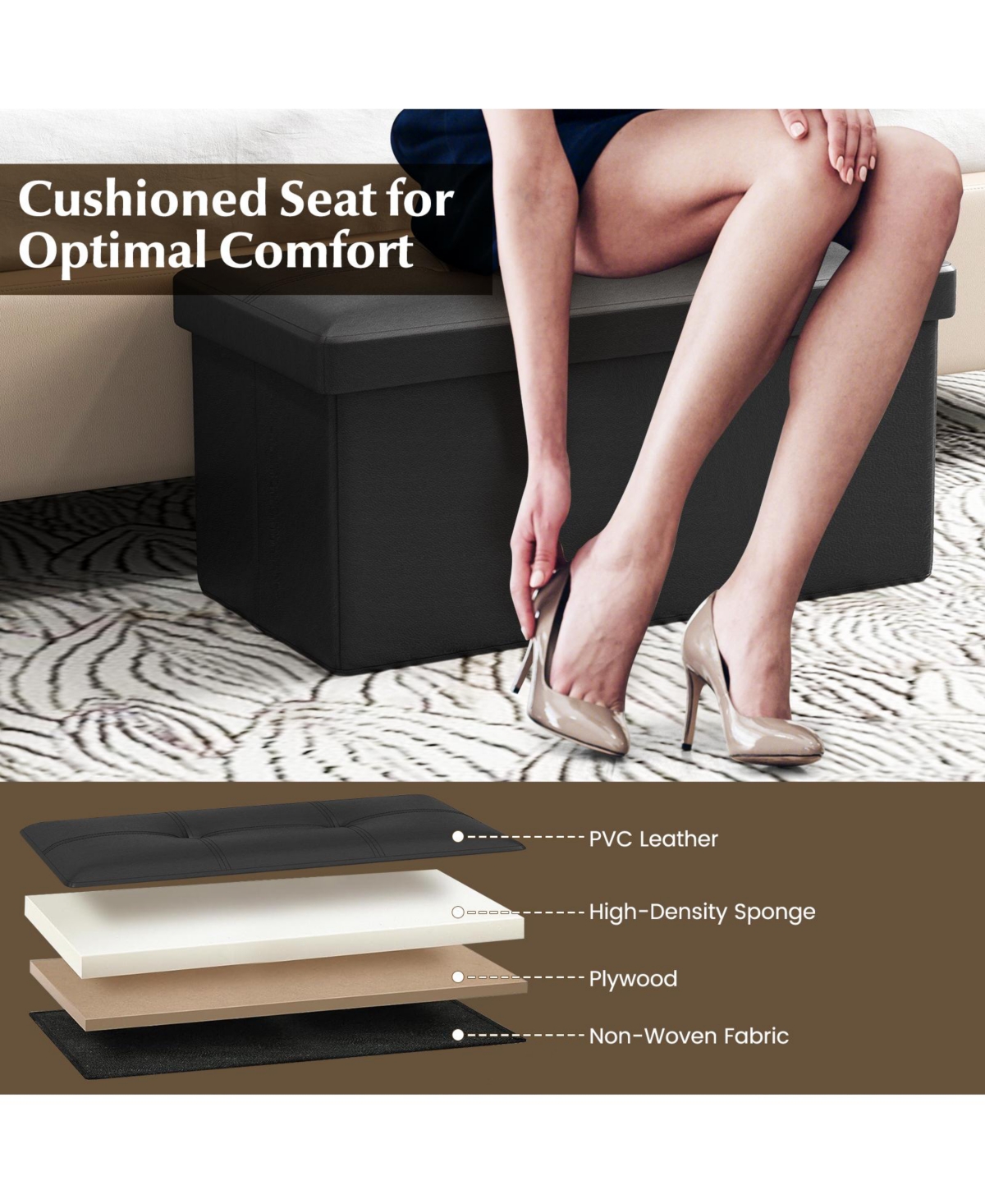 Folding Storage Ottoman Upholstered Rectangle Footstool Pvc Leather 22.5 Gallon