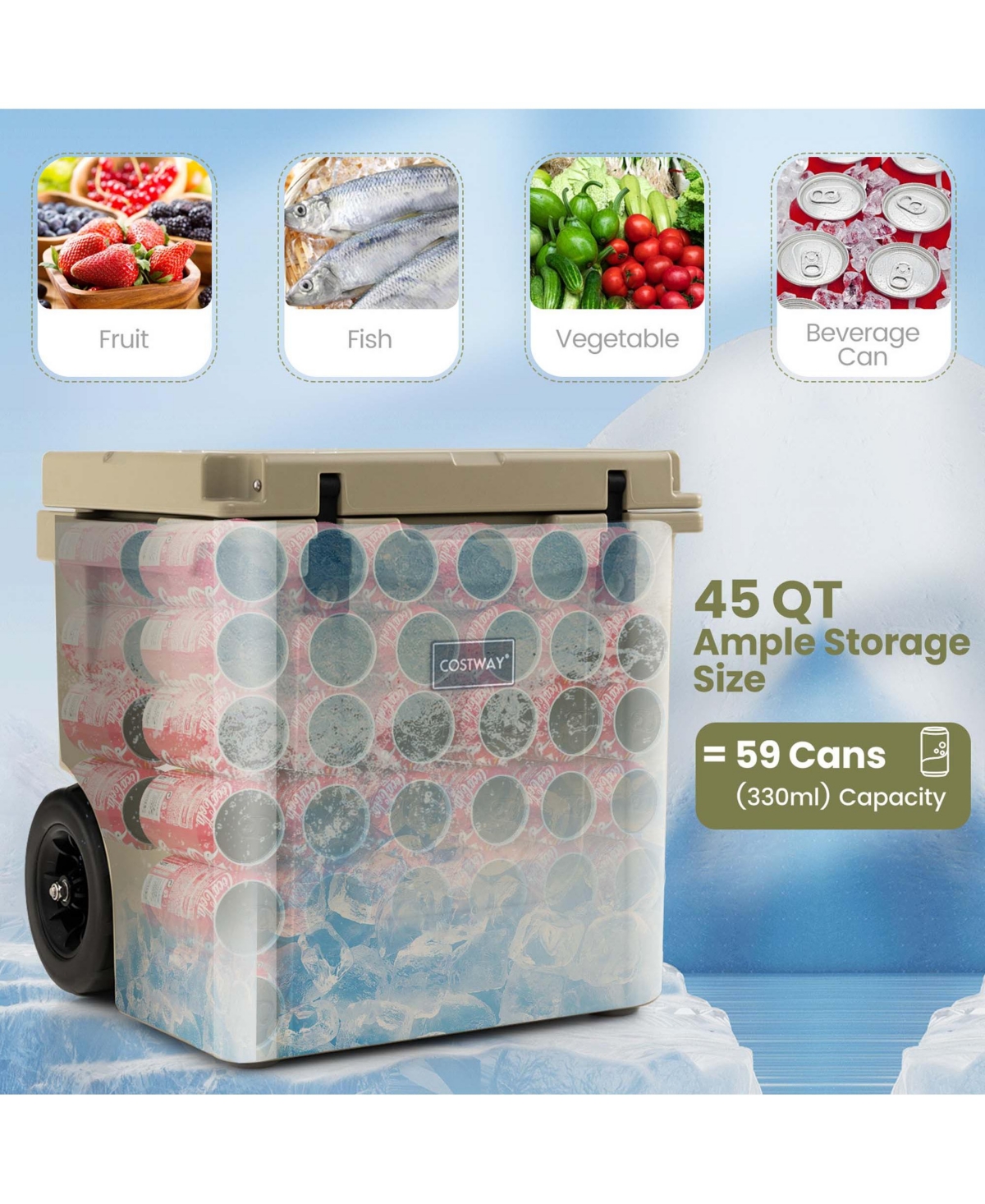 Cooler Towable Ice Chest w/ All-Terrain Wheels Leak-Proof for Camping