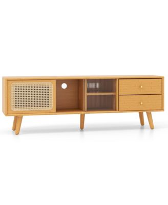 Bamboo TV Stand Console Table with PE Rattan Door & 2 Drawers for TV up to 65''