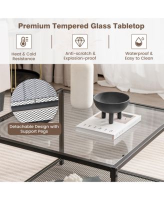 Glass Coffee Table 27.5 Inch 2-Tier Square with Mesh Shelf Living Room