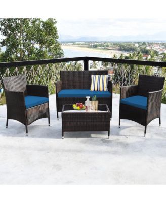 4PCS Rattan Patio Furniture Set Cushioned Sofa Chair Coffee Table