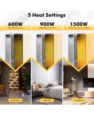 1500W Oil-Filled Radiator Heater Portable Electric Space Heater 3 Heat Settings