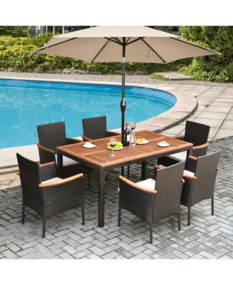 7PCS Rattan Outdoor Dining Set Patio Furniture Set w/ Cushions Umbrella Hole