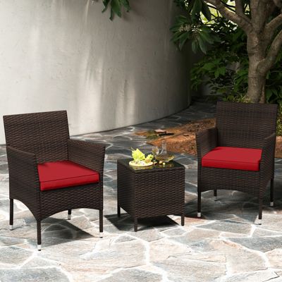 3PCS Outdoor Rattan Conversation Set Patio Furniture Set w/ Red Cushions