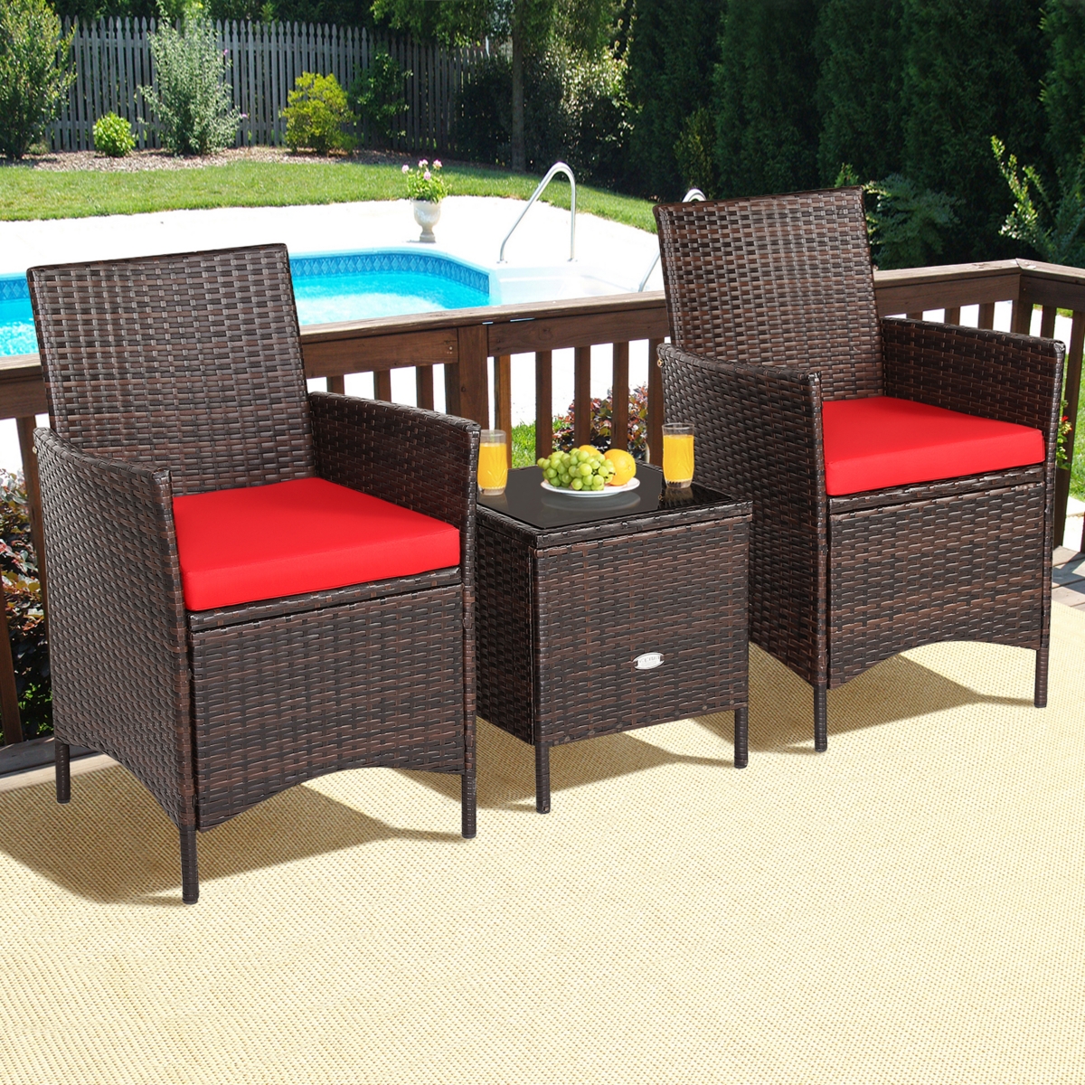 Gymax 3PCS Outdoor Rattan Conversation Set Patio Furniture Set w/ Red Cushions - Red+brown