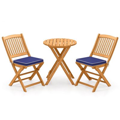 3PCS Patio Folding Wooden Bistro Set Cushioned Chair Conversation