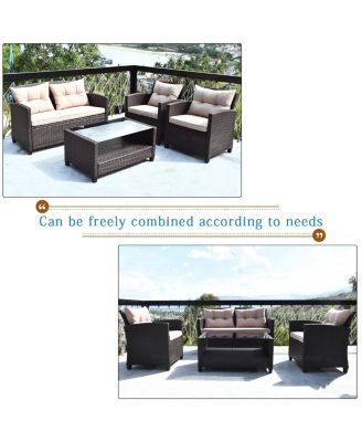 4PCS Outdoor Rattan Furniture Set Cushioned Sofa Armrest Table