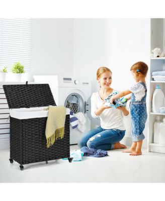 Laundry Hamper w/Wheels &amp; Lid, 125L 3-Section Clothes Hamper w/2 Liner Bags